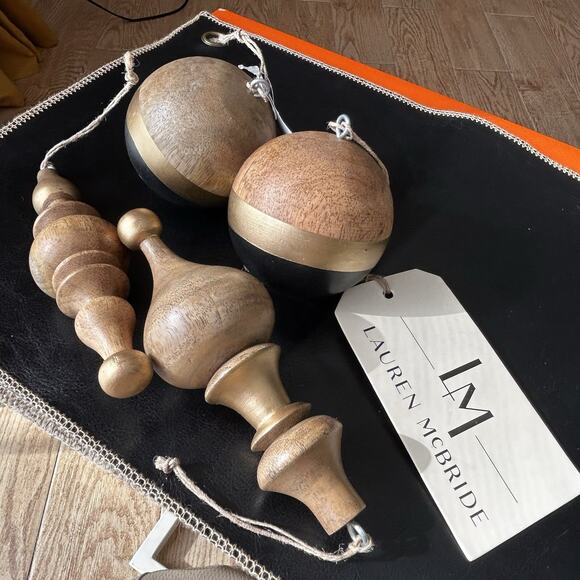 NEW Set of 4 Painted Wooden Ball & Finial Ornaments by Lauren McBride Black/Gold - Picture 5 of 12